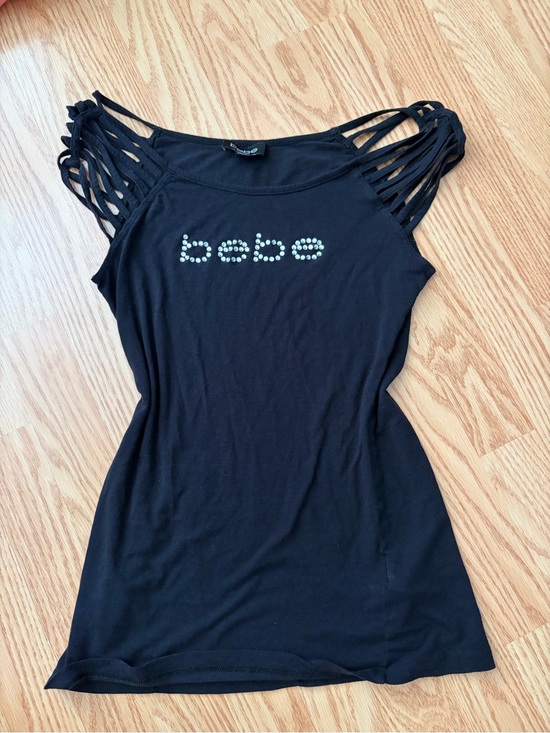 bebe Tops - Y2K bebe Black Rhinsetone Logo Off shoulder with Strappy Cut out Shoulders